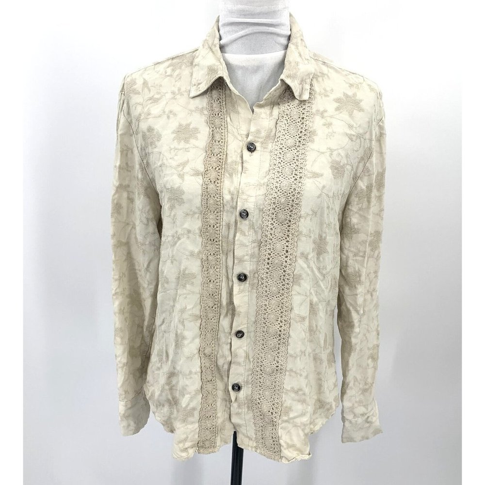CP Shades Sausalito Women Beige Button Down Crochet Shirt Size Medium
